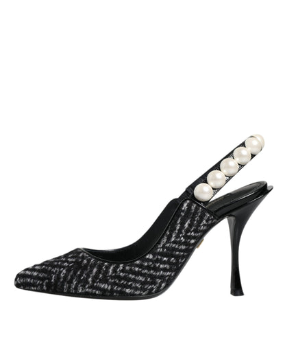 White Black Chevron Faux Pearl Slingback Shoes