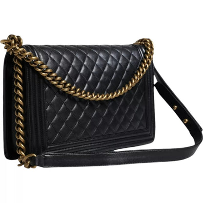 Black Large Lambskin Double Chain Gold Leather Shoulder Bag