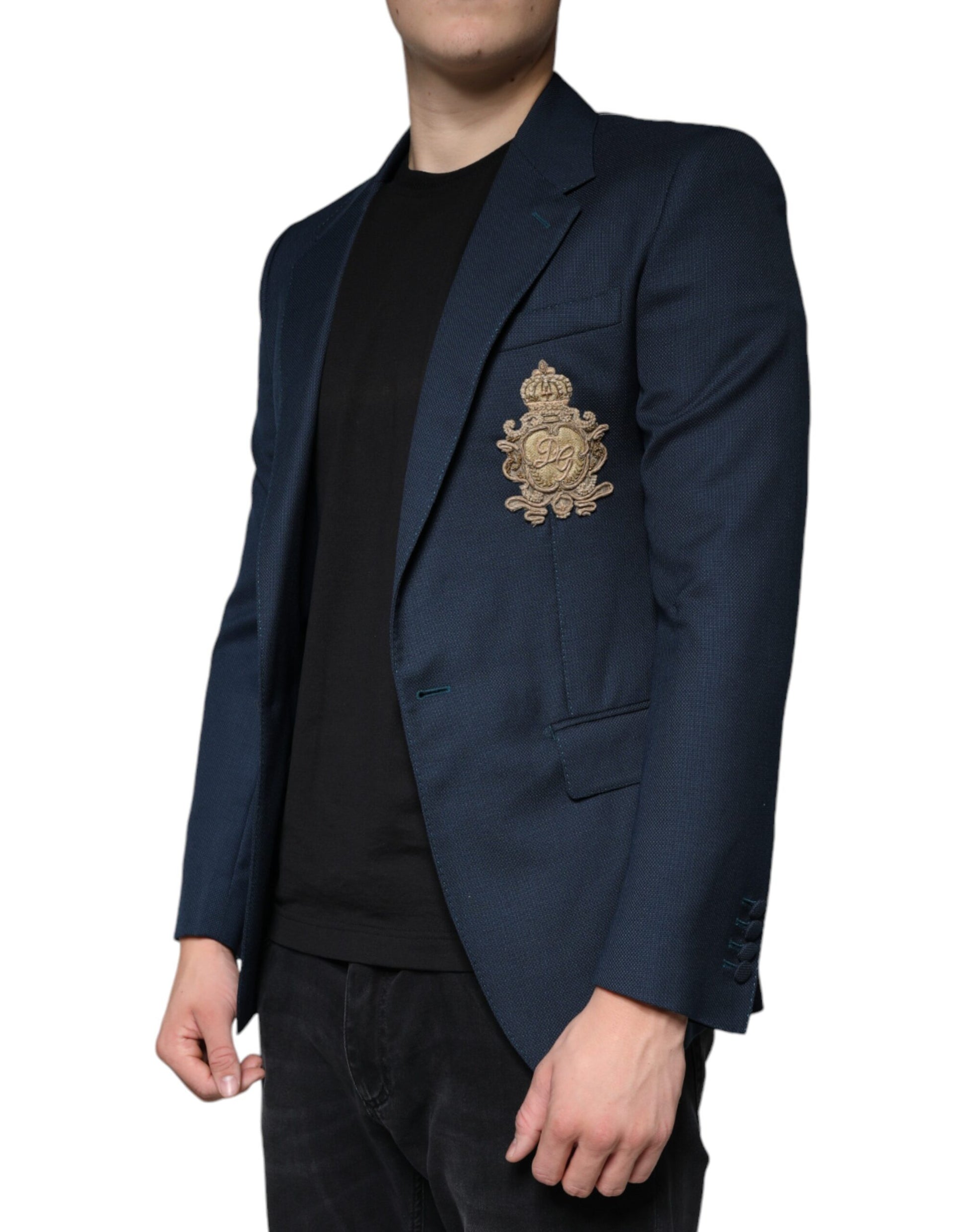 Blue Wool Logo Single Breasted Coat Blazer