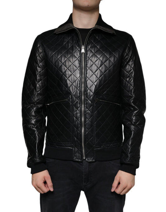 Black Calf Leather Quilted Full Zip Jacket