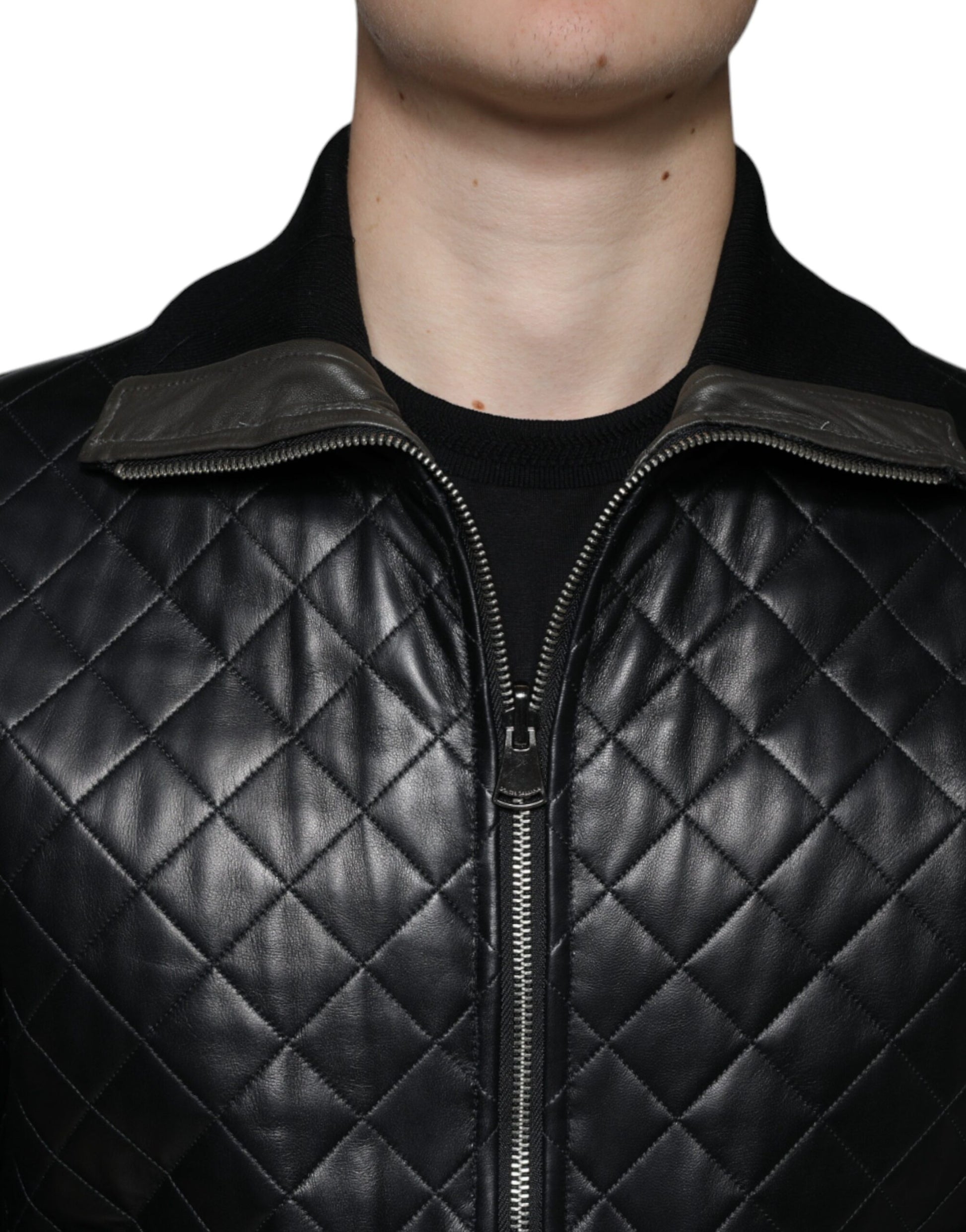 Black Calf Leather Quilted Full Zip Jacket