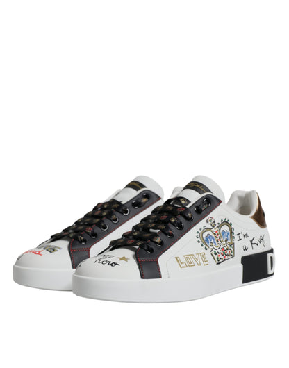 White Leather Crown Embellished Sneaker Shoes