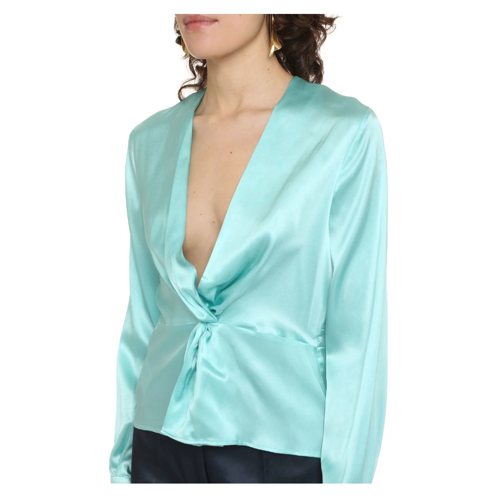 Green Silk Women Blouse with Deep V-Neck Detail