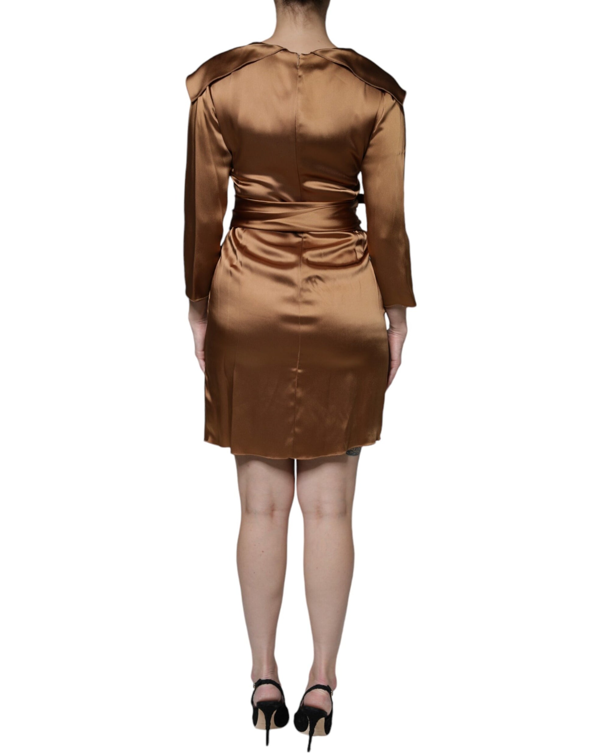 Brown Satin Long Sleeves Wrap Sheath Mini Dress