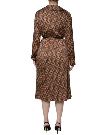 Brown Printed Long Sleeves V-neck Wrap Midi Dress