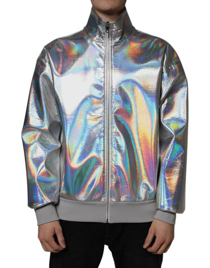 Silver Iridescent Full Zip Men Bomber Jacket