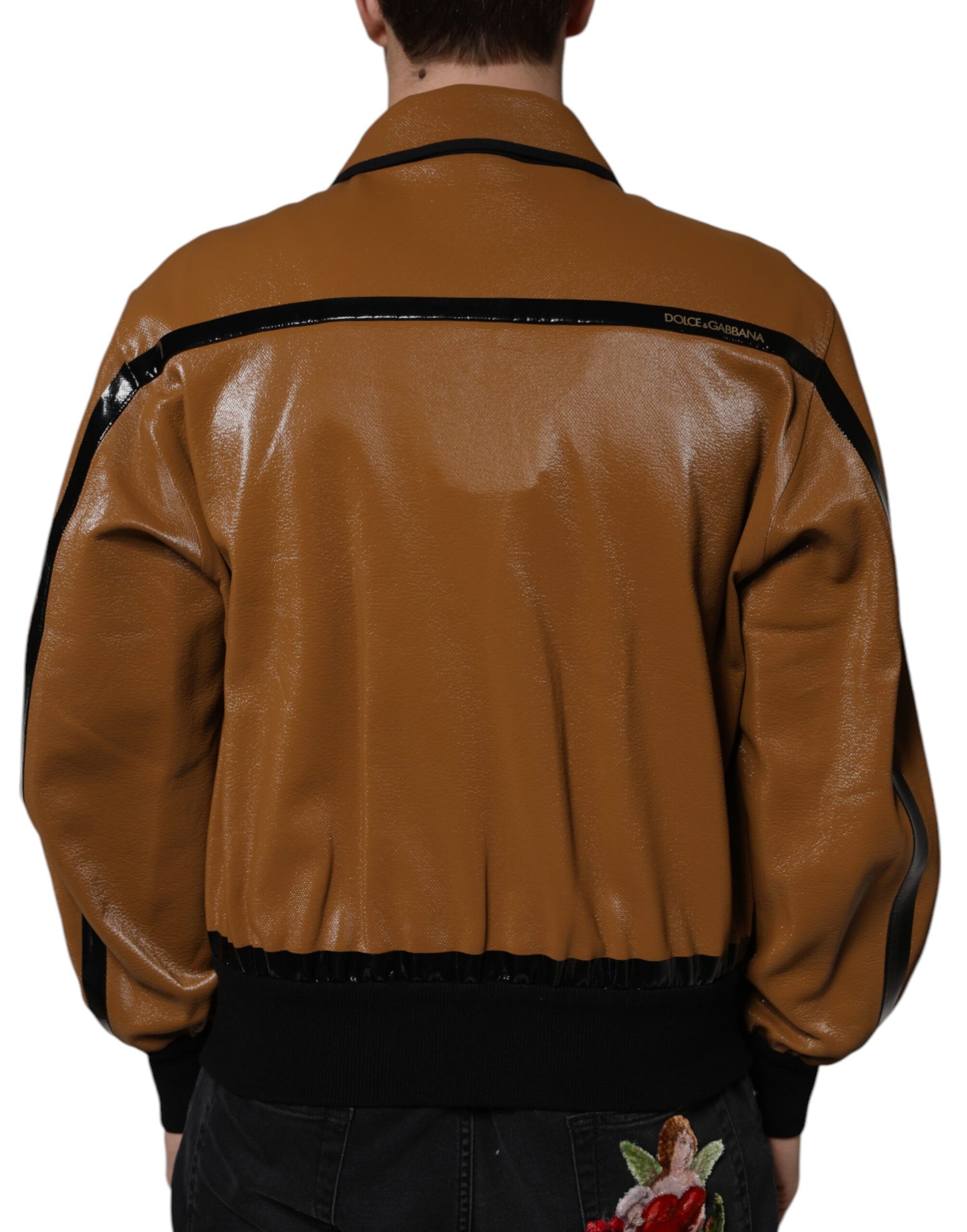 Brown Leather Full Zip Men Bomber Jacket