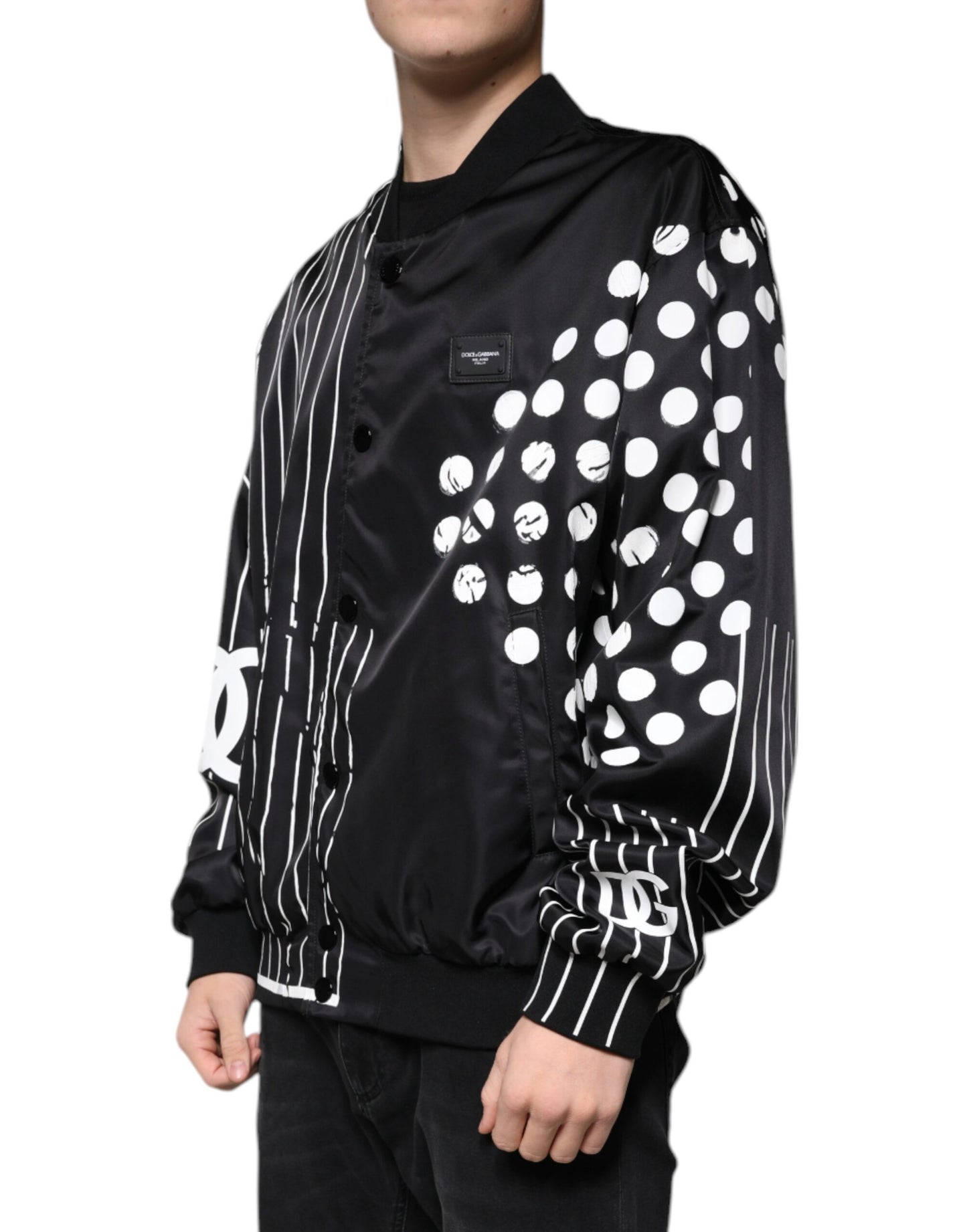 Black Polka Dot Stripe Nylon Bomber Jacket