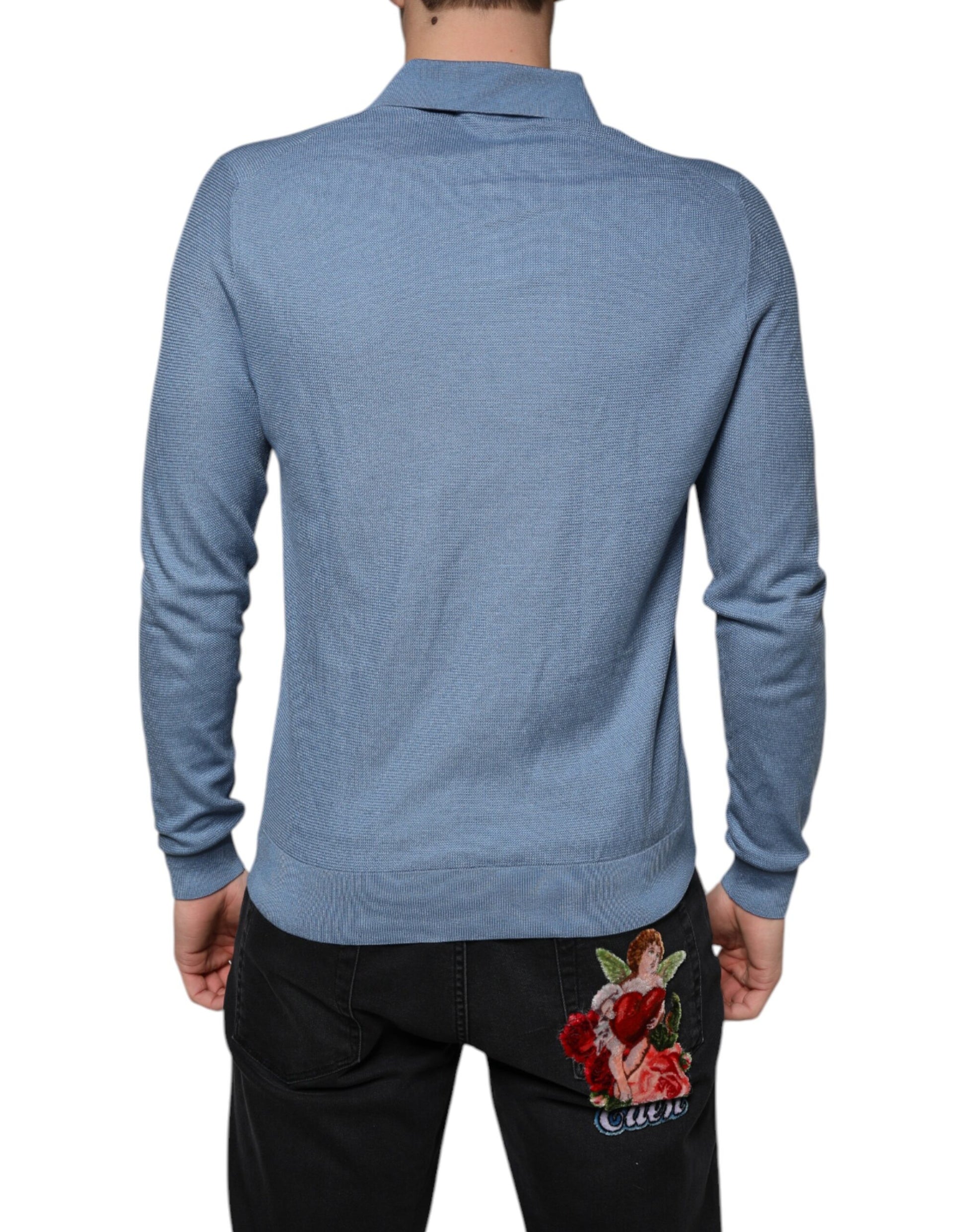 Sky Blue Silk Collared Men Pullover Sweater