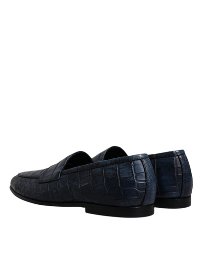 Blue Exotic Leather Moccasin Slip On Shoes