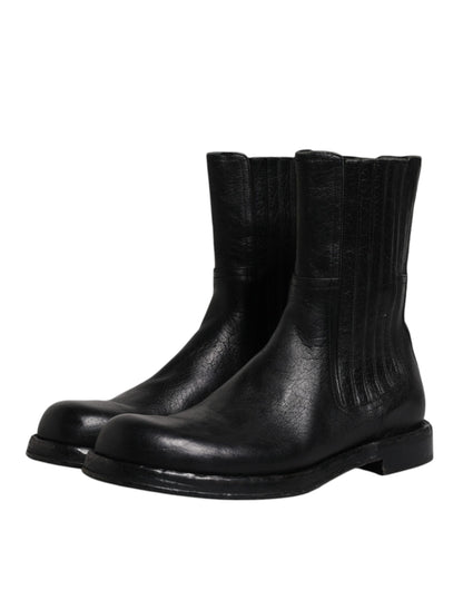 Black Horse Leather Mid Calf Boots Shoes