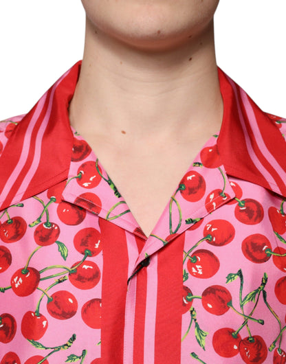 Pink Cherry Silk Button Down Casual Shirt