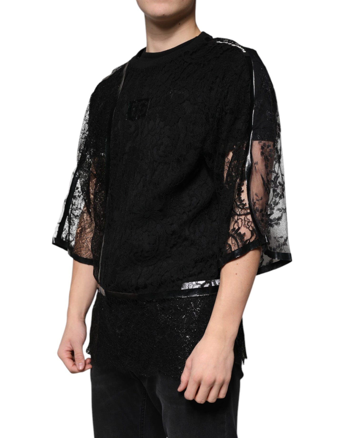 Black Nylon Floral Lace Crew Neck T-shirt