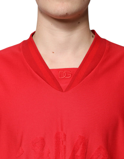 Red Cotton V-neck Short Sleeves T-shirt