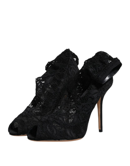 Black Lace Stretch Heels Mid Calf Boots Shoes