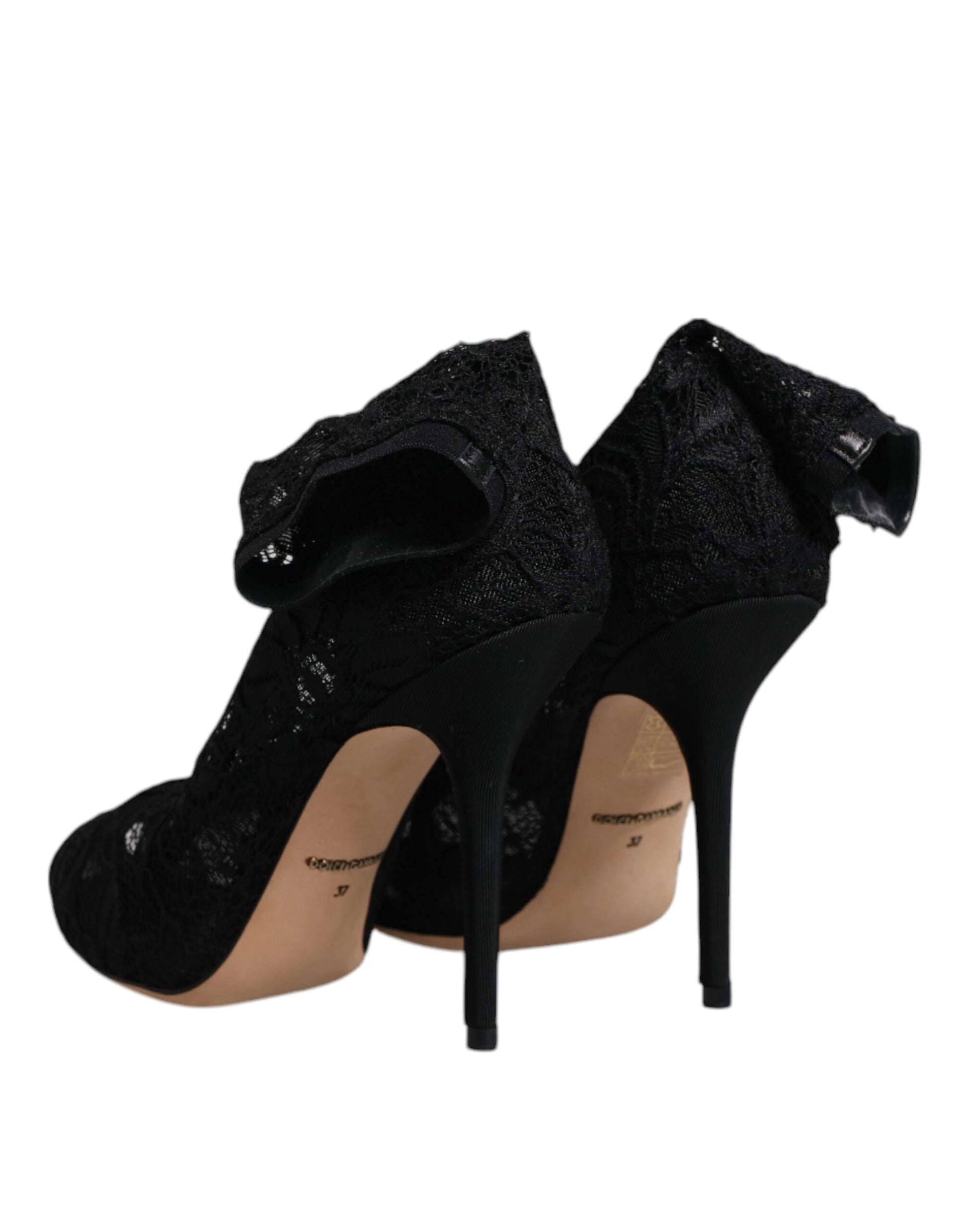 Black Lace Stretch Heels Mid Calf Boots Shoes