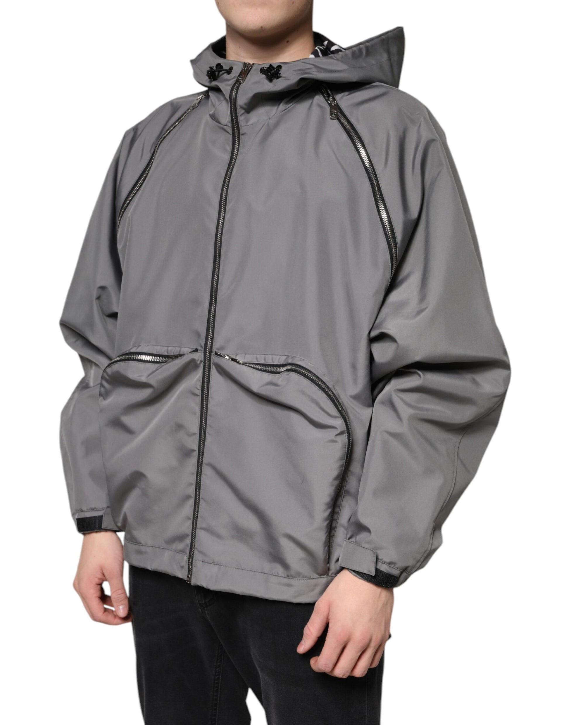 Gray Polyester Hooded Men Full Zip Jacket