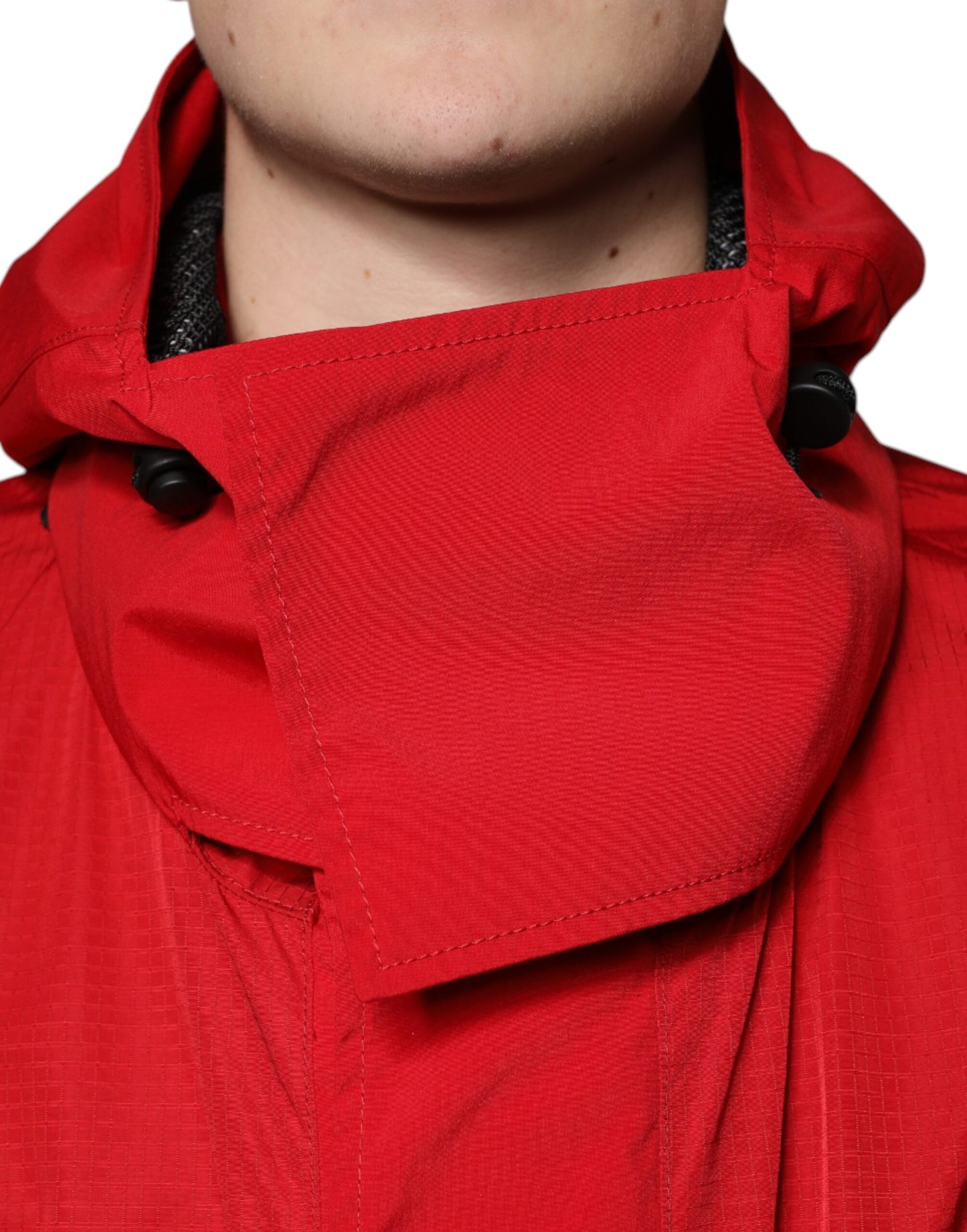 Red Nylon Hooded Men Full Zip Parka Jacket