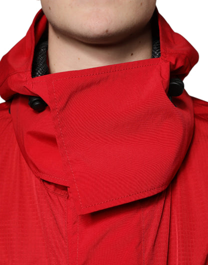 Red Nylon Hooded Men Full Zip Parka Jacket