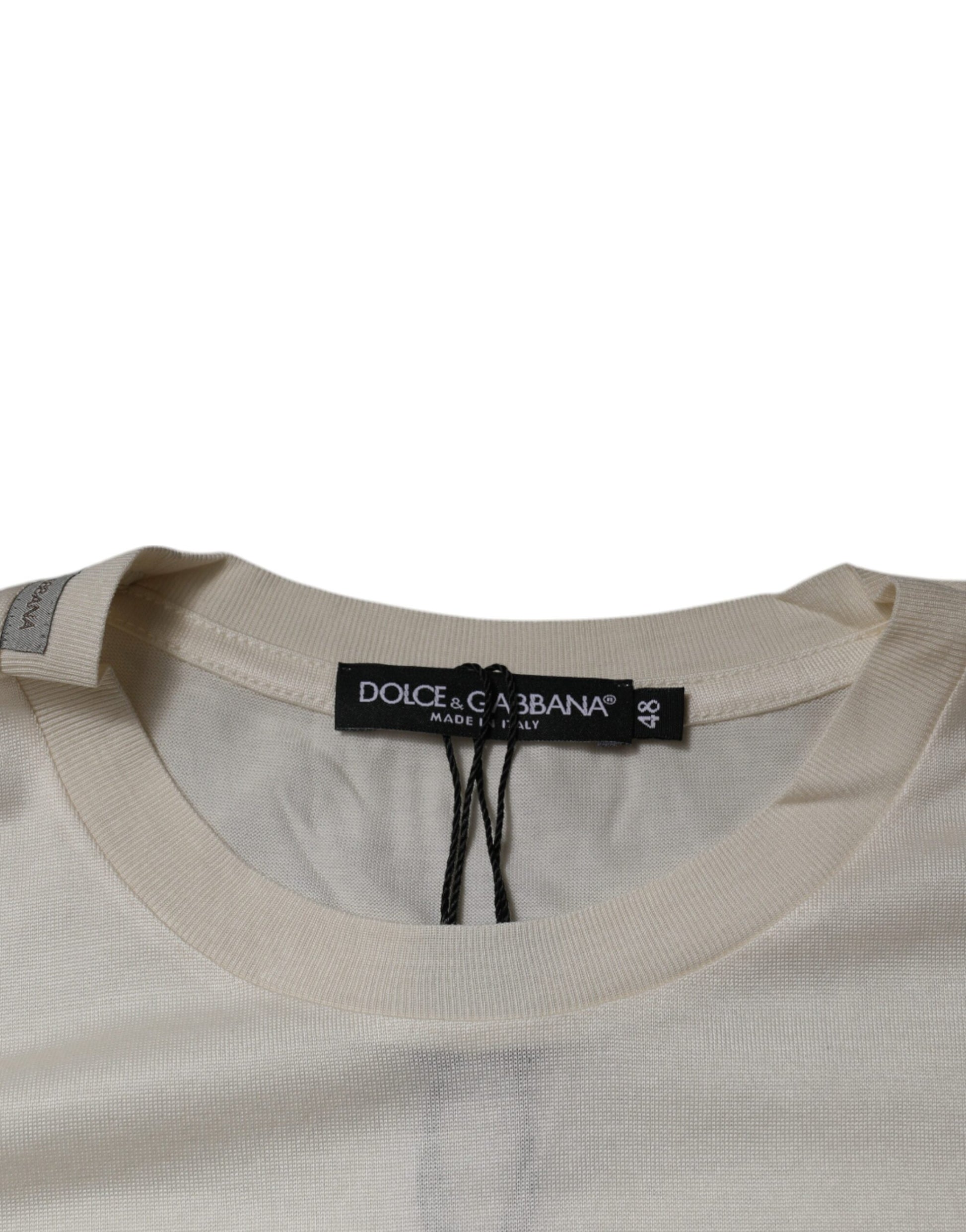 Off White Silk Crew Neck Short Sleeve T-shirt