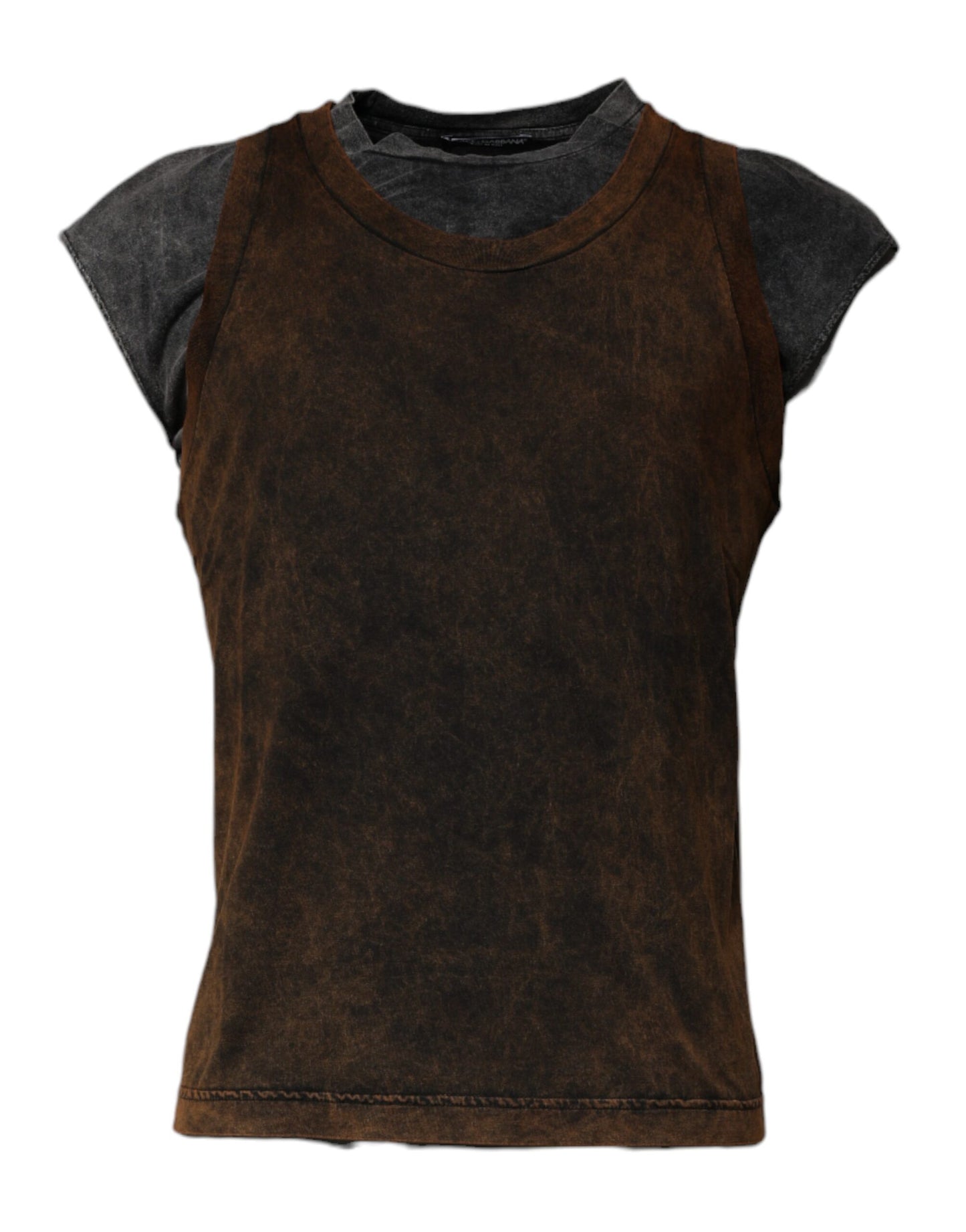 Brown Cotton Round Neck Sleeveless T-shirt