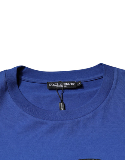 Blue Logo Print Cotton Men Crew Neck T-shirt