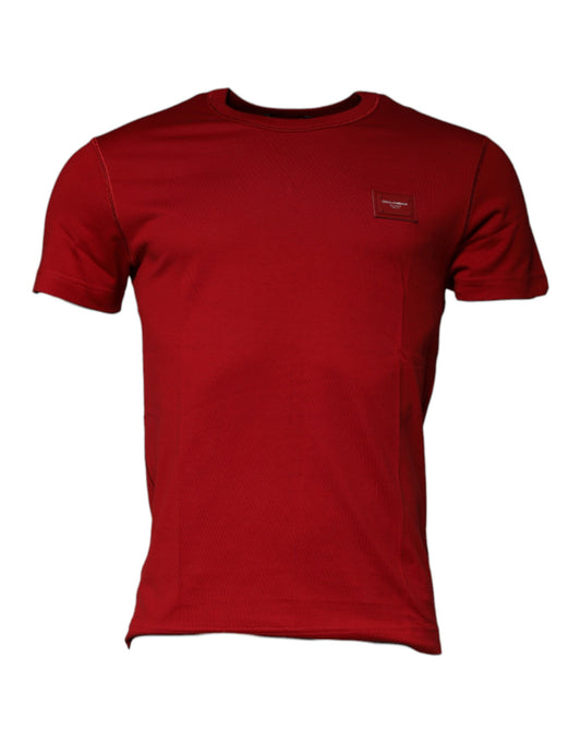 Red Cotton Logo Plaque Men Crew Neck T-shirt