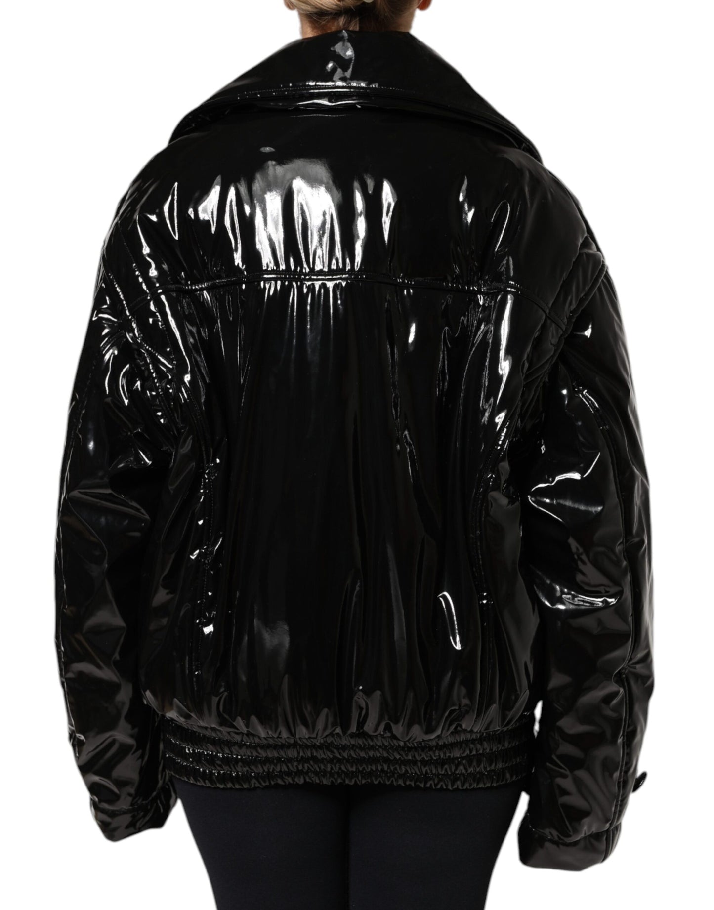 Black Polyester Button Down Blouson Jacket