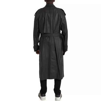 Black Leather Men Waterproof Trenchcoat Jacket