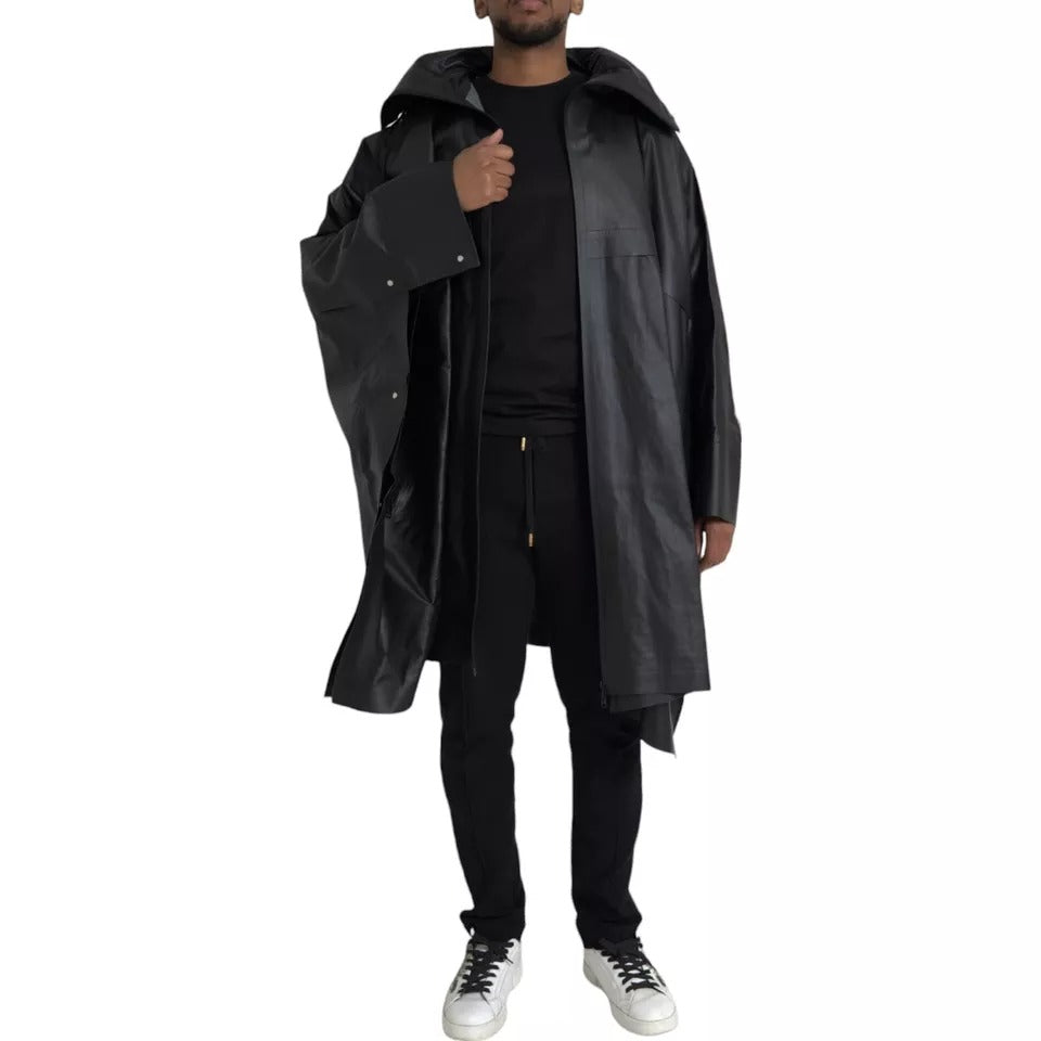 Black Leather Hooded Men Trenchcoat Jacket