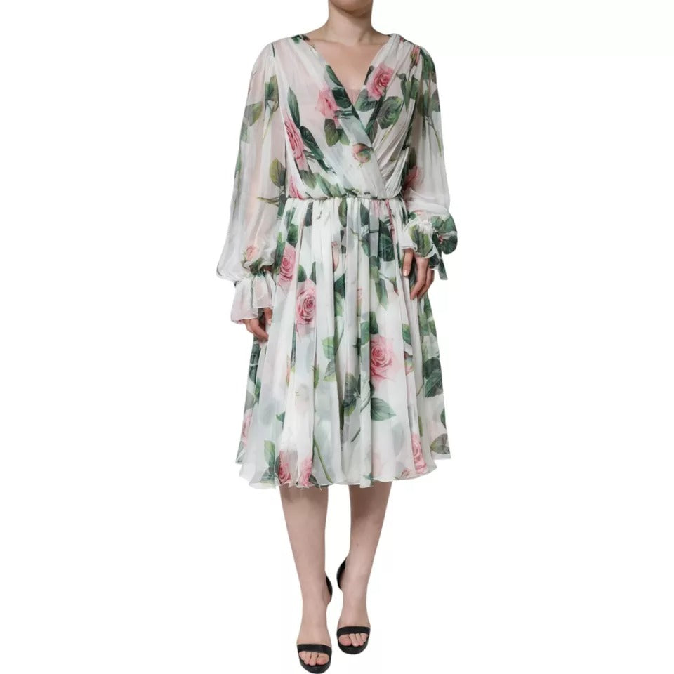 White Silk Floral Print A-line Midi Dress