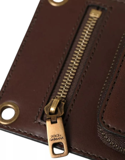 Brown Calf Leather Zip Logo Shoulder Neck Strap Wallet