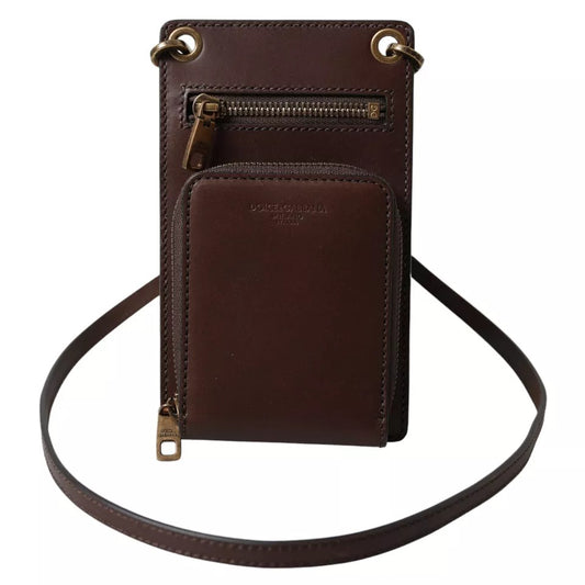 Brown Calf Leather Zip Logo Shoulder Neck Strap Wallet