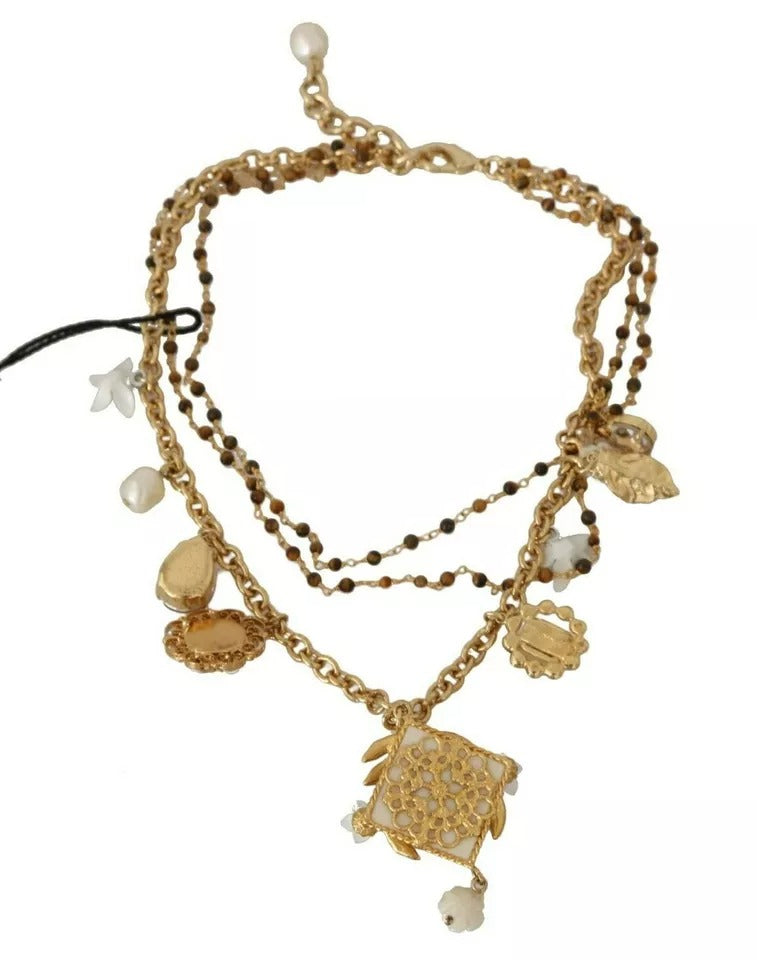 Gold Brass Crystal Floral Statement Charms Necklace