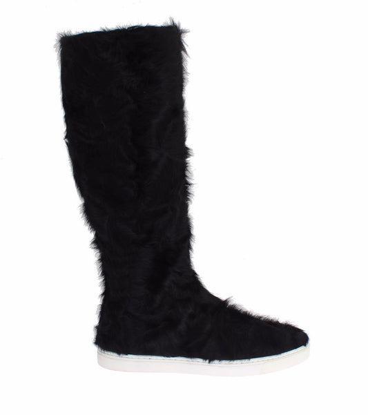 Elegant Black Fur Leather Flat Sneaker Boots