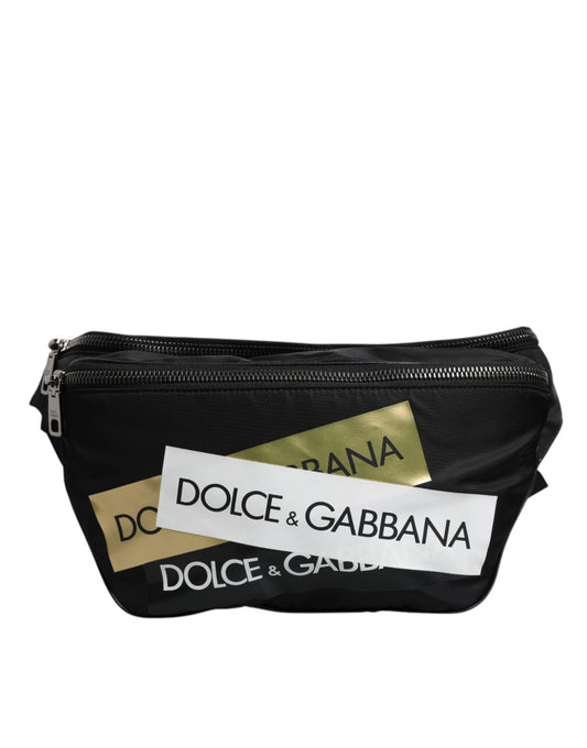 Black Nylon Logo Tape Belt Waist Fanny Pack Bag