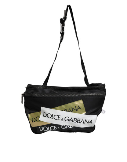 Black Nylon Logo Tape Belt Waist Fanny Pack Bag