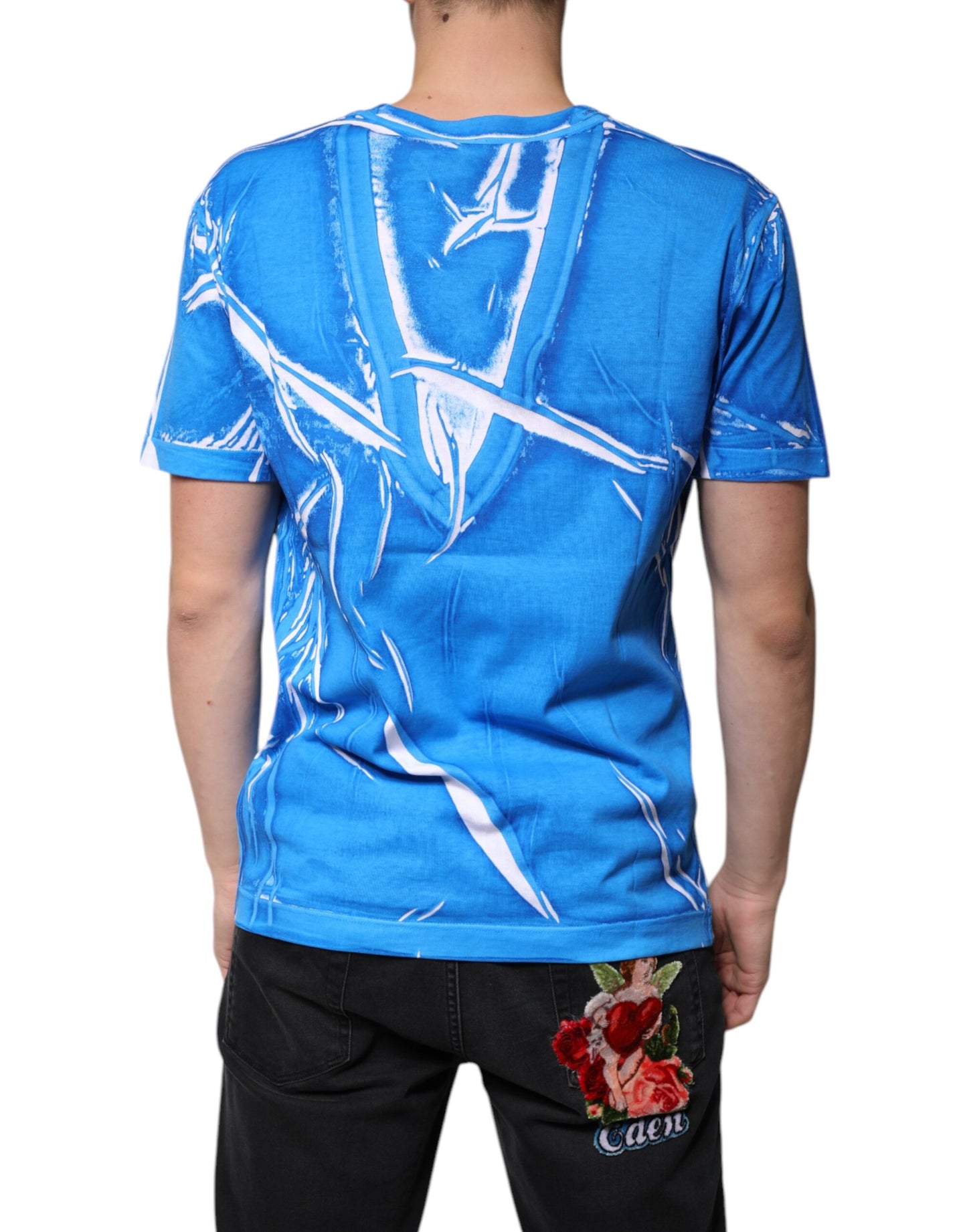 Blue Cotton V-neck Short Sleeves T-shirt