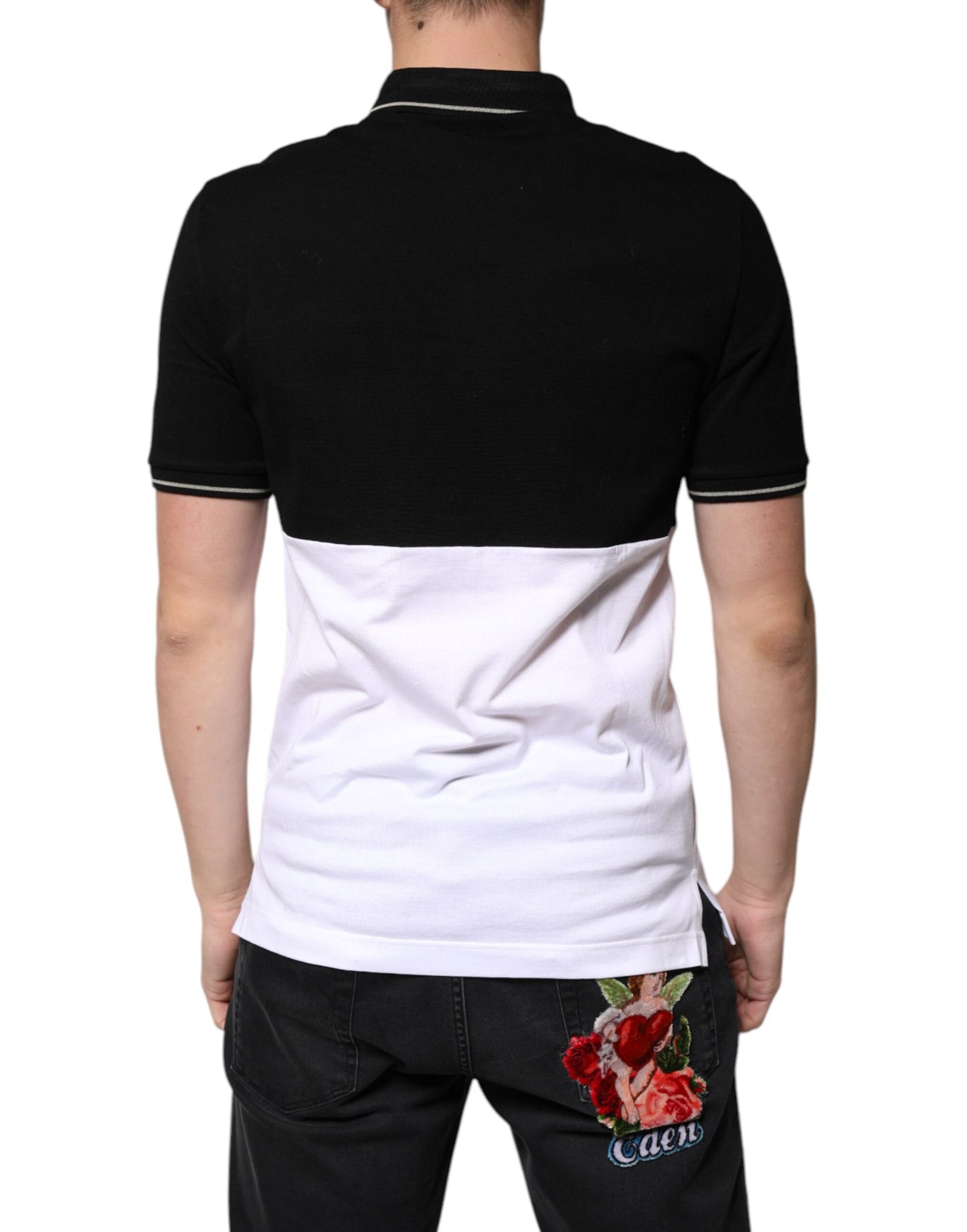 Black White Cotton Short Sleeves Polo T-shirt