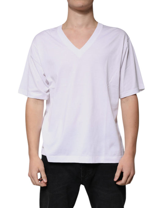 White Cotton V-neck Short Sleeves T-shirt