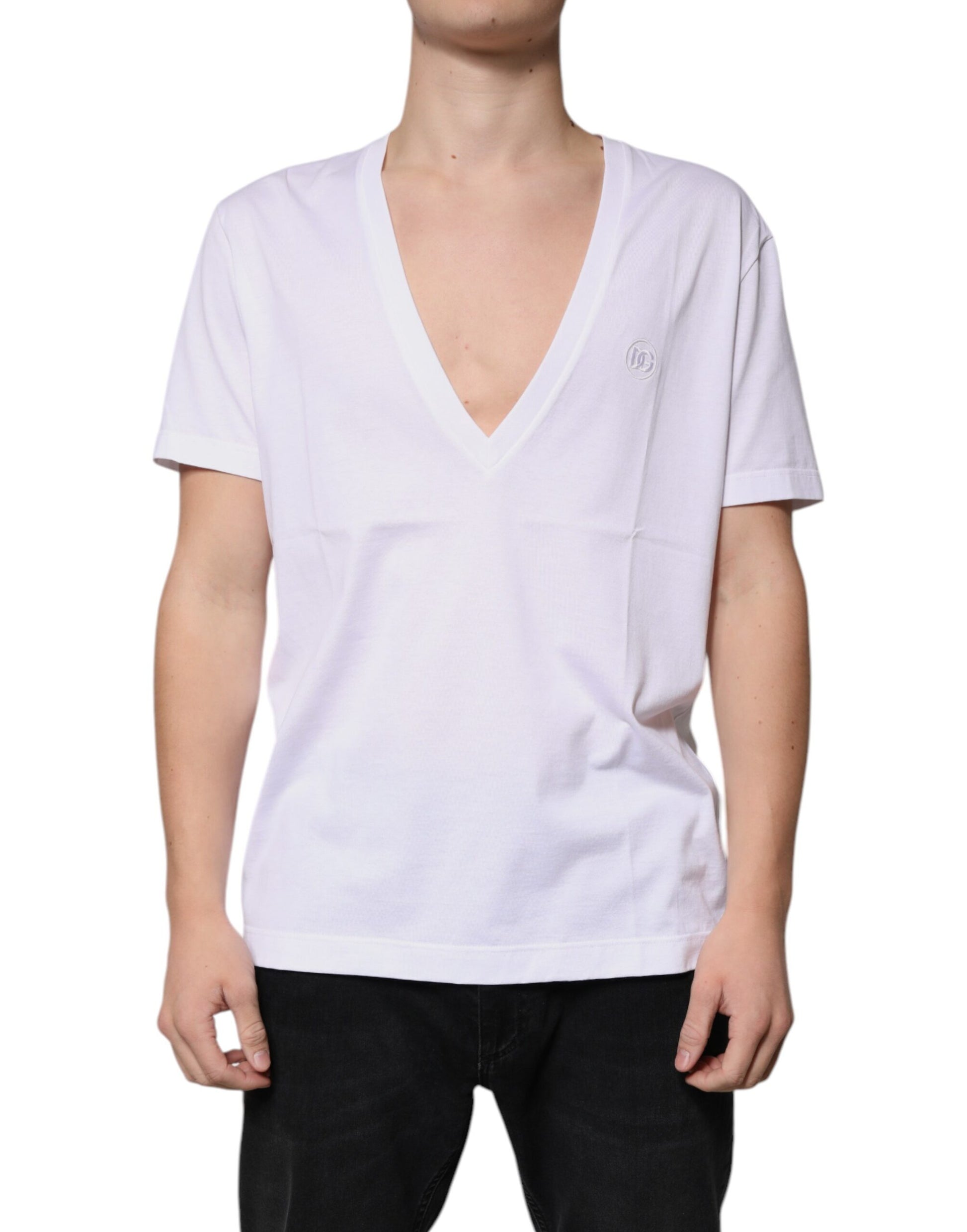 White Cotton V-neck Short Sleeves T-shirt