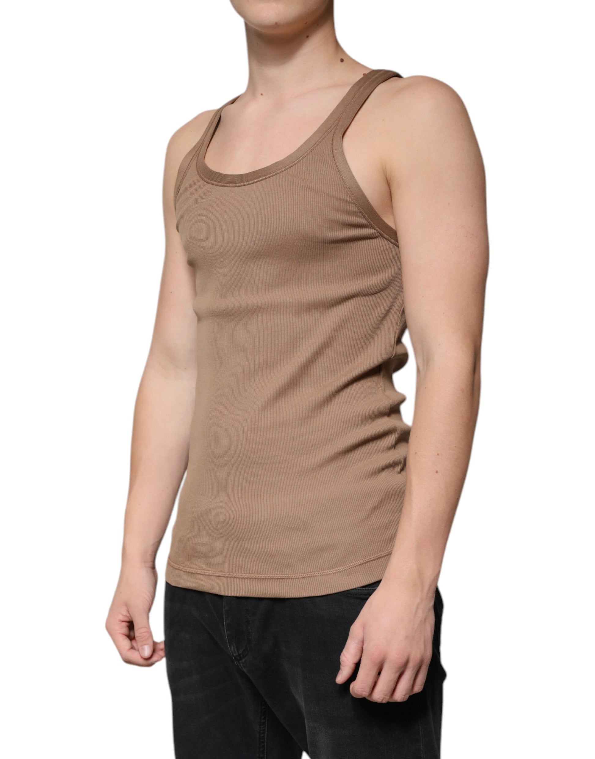 Brown Cotton Sleeveless Round Neck Tank T-shirt