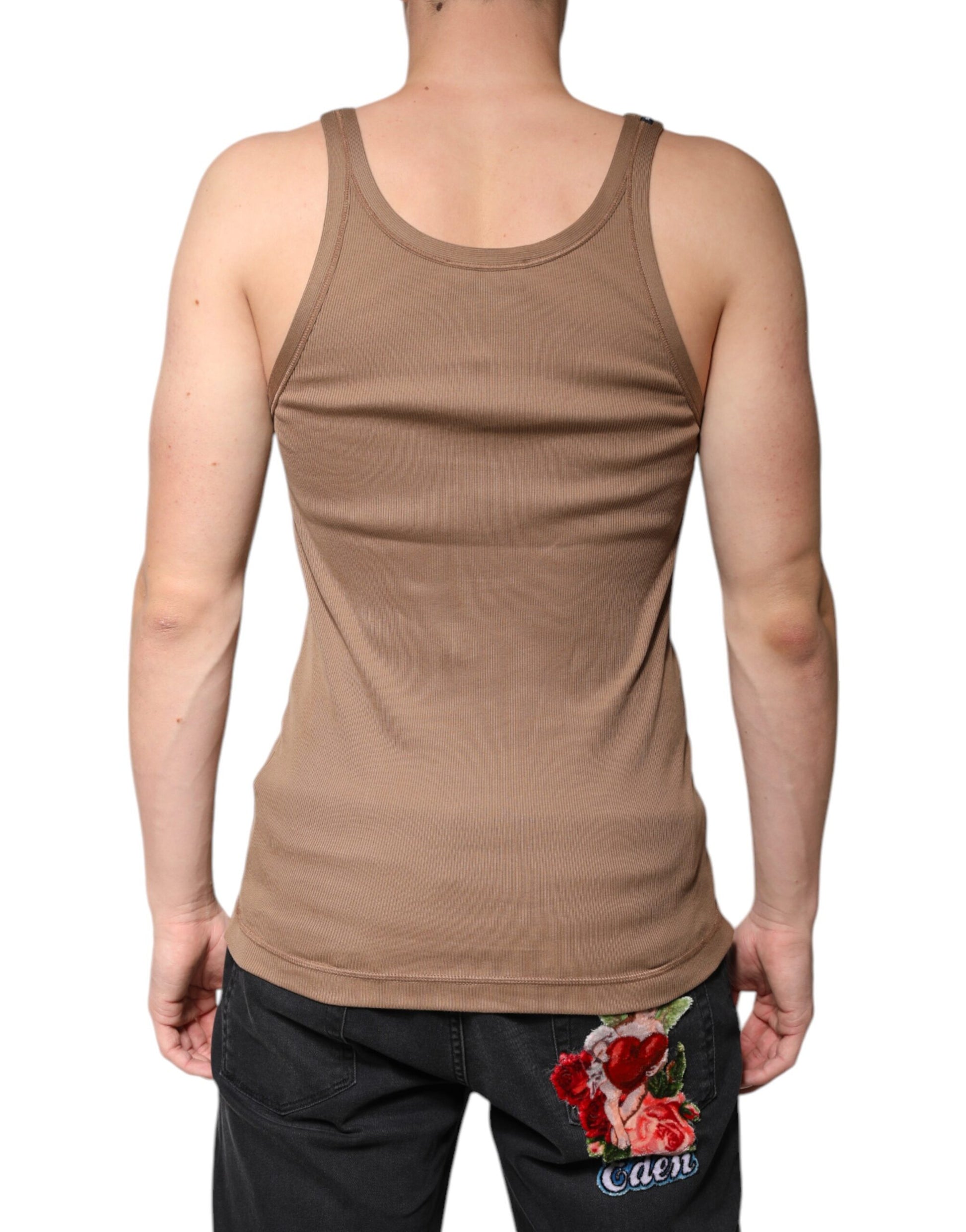 Brown Cotton Sleeveless Round Neck Tank T-shirt