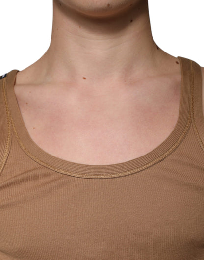 Brown Cotton Sleeveless Round Neck Tank T-shirt