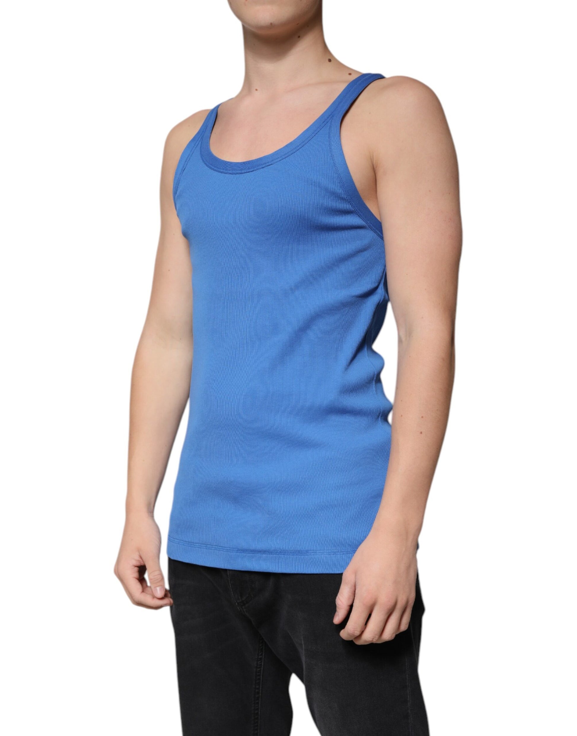 Blue Cotton Sleeveless Round Neck Tank T-shirt