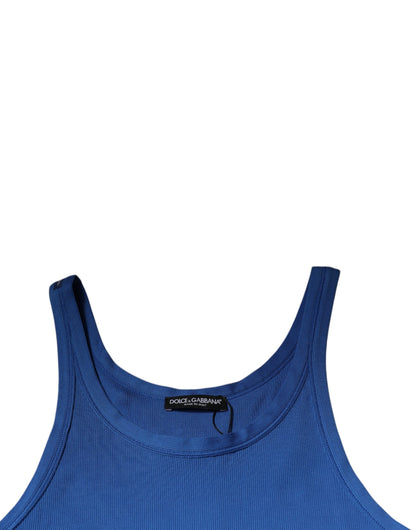 Blue Cotton Sleeveless Round Neck Tank T-shirt