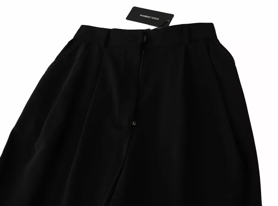 Black Wool High Waist Pleat Front Cropped Pants