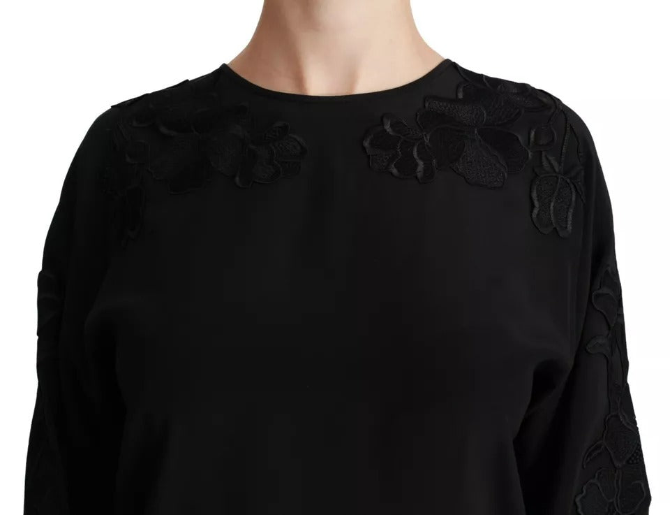 Black Floral Embroidered Blouse Silk Top