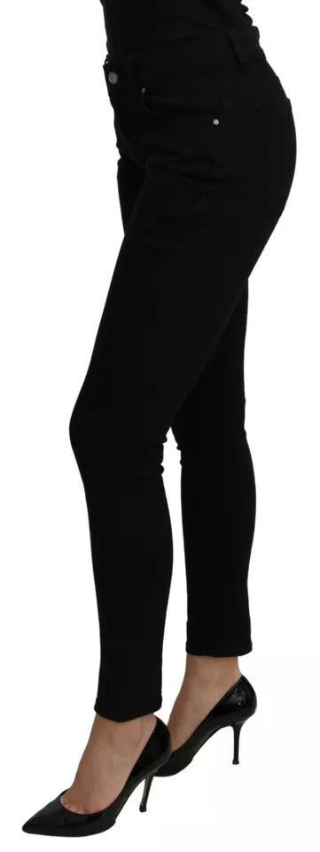 Black Mid Waist Slim Denim Cotton Stretch Jeans