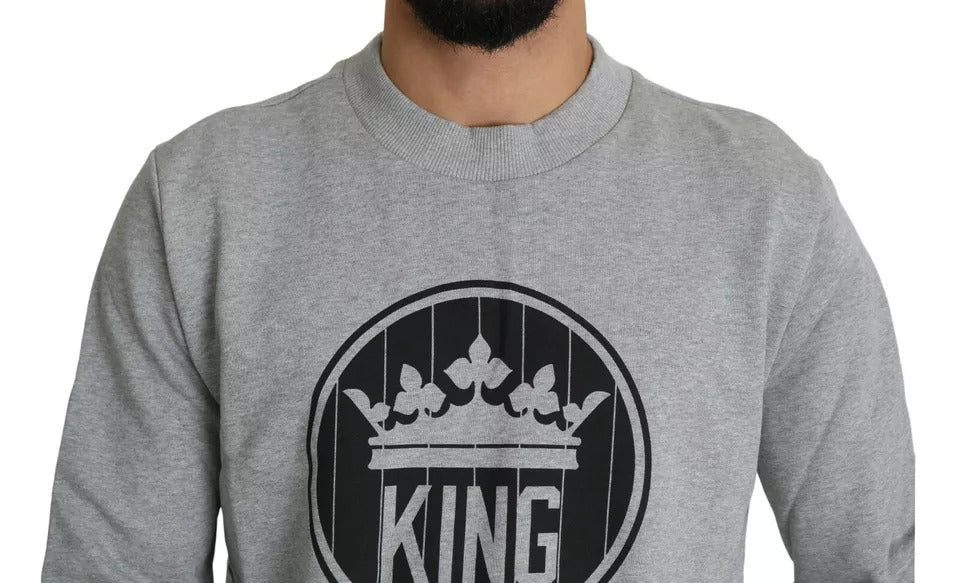 Gray Crown King Print Cotton Pullover Sweater